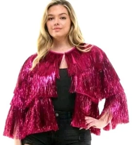 Fuchsia Pink Fringe Tinsel Jacket Plus Womens Costume Cosplay Disco Festival - Picture 1 of 4