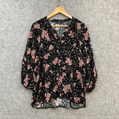 French Connection Blouse Top Womens 10 Black Floral V-Neck Long Sleeve 52926 - Image 1 of 4
