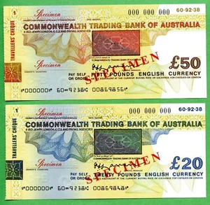 AUSTRALIA TRAVELERS CHEQUE FOR  50 , 20 , 10 , 5  POUNDS   SPECIMEN  000000 - Picture 1 of 3