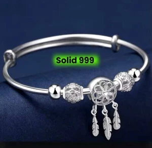 Silver Plated Bracelet 999 Dream catcher Charm Tassel Feather Lucky Bead Bangle - Picture 1 of 10