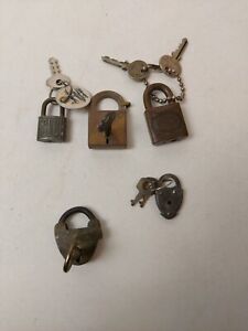 Lot of 5 antique Brass Miniature Locks Heart Shape With Key Padlock