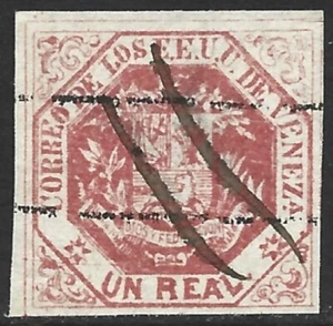 Venezuela 1876-77 Arms 1r Vermillion #48a Inverted Ovpt F/VF Used CV $24.00 - Picture 1 of 2
