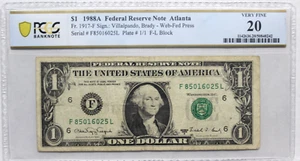 1988A $1 WEB NOTE FRN EXPERIMENTAL F-L BLOCK RUN 14 1/1 PCGS 20 VF BOOK $120 - Picture 1 of 4