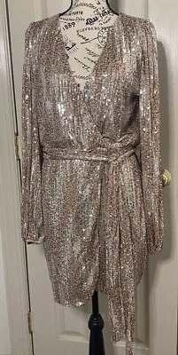 Vestido Venus Cinturón Brillante Champaign Lentejuelas Doradas Disco Envolvente Manga Globo M Foto 1 de 4