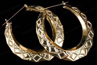 2 Big Gold Plated Creole Hoop Earrings – Diamond Bamboo Pattern, Retro Gypsy Style, Statement Hoops 12 thumbnail image