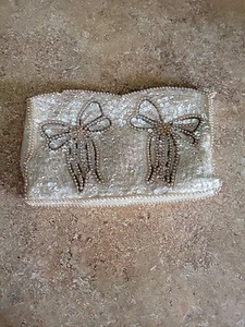 Vintage Sequined Beaded Clutch Wedding Purse Bow Evening Bag - Picture 1 of 7