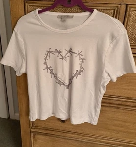 ALLSAINTS Sz 12 US /10 UK SILVER GLITTER HEART OF NAILS White S/Slv. T-Shirt Top - Picture 1 of 11