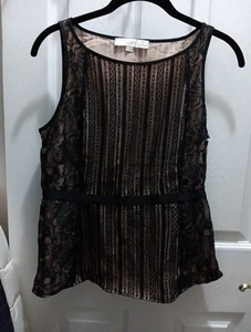 Ann Taylor Loft Petite Blouse Top Size 6p Black And Tan Lace Sleeveless - Picture 1 of 6