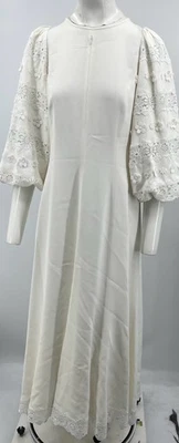 Andrew GN White Floral Lace Embroidered Puff Sleeve Scalloped Midi Dress sz 46 - Image 1 of 4