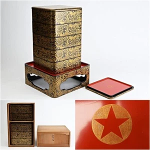 Japan Wajima Lacquer 5-dan Jubako Bento Box Vintage w/Stand All Chinkin Carving - Picture 1 of 10