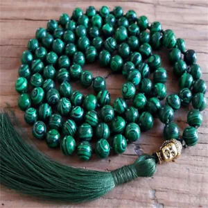 Collana Nappa Testa Buddha Oro Malachite 8 mm 108 Mala Hipster Zen - Foto 1 di 5