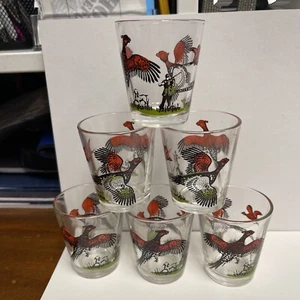 Vintage Shot Glasses Pheasant Hunting Set X6 1960s Bird Dog Whiskey Bar Man Cave - Picture 1 of 13