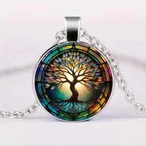 Bohemian Tree of Life Pendant Necklace - Silvery Glass & Zinc Alloy - Picture 1 of 4