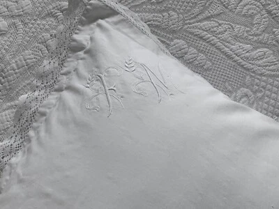 Linge Ancien TAIE  DE MARIAGE BRODÉ Monogrammes F M POINT DE BOURDON ÉPI DE BLÉ - Photo 1/4