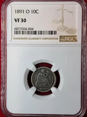 1891-O Seated Liberty Dime – NGC VF 30 – Final Year Type – New Orleans Min(5.11) - Image 1 of 2