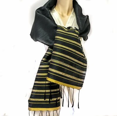 Black and Gold Stripes Hand Woven Thai Silk Scarf Brand New - Image 1 of 4
