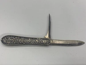 Navaja de Bolsillo Antigua Chapada en Plata de Ley 2 Hojas Plegable Ornamentada - Usada - Imagen 1 de 5