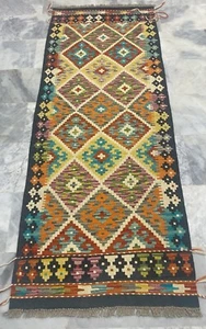 Alfombra de salón Kilim de lana multicolor azteca geométrica hecha a mano afgana 78x202 cm - Imagen 1 de 3