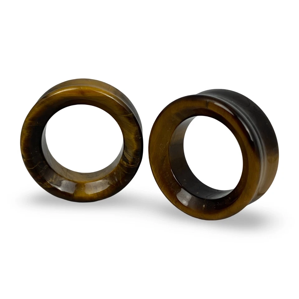 Par de TÚNELES CÓNCAVOS Piedra Ojo de Tigre Conjunto Medidores Tapones Orgánicos Tamaño Grande Foto 1 de 4