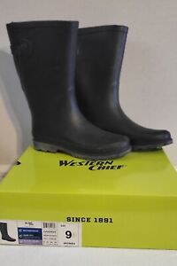 WESTERN CHIEF LADIES BLACK RUBBER PULL ON POLYESTER/COTTON LINED RAIN BOOTS SZ 9