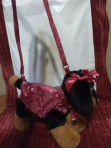 Poochie & Co Doggie Purse Black & brown dog with Hot pink sequins good condition - Picture 1 of 6