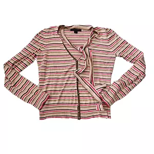 Express Design VTG Sz M Pink Stripe Scarf Coquette Silk Blend Button Up Sweater - Picture 1 of 8