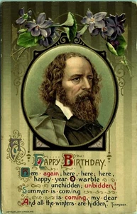 Feliz cumpleaños Tennyson retrato poema en relieve postal 1910 John Winsch - Imagen 1 de 2