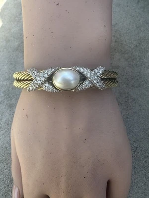 $ 15000 Estate 14K David Yurman Helena Double Diamond, Pearl Cuff 32.2 gr - Image 1 of 4
