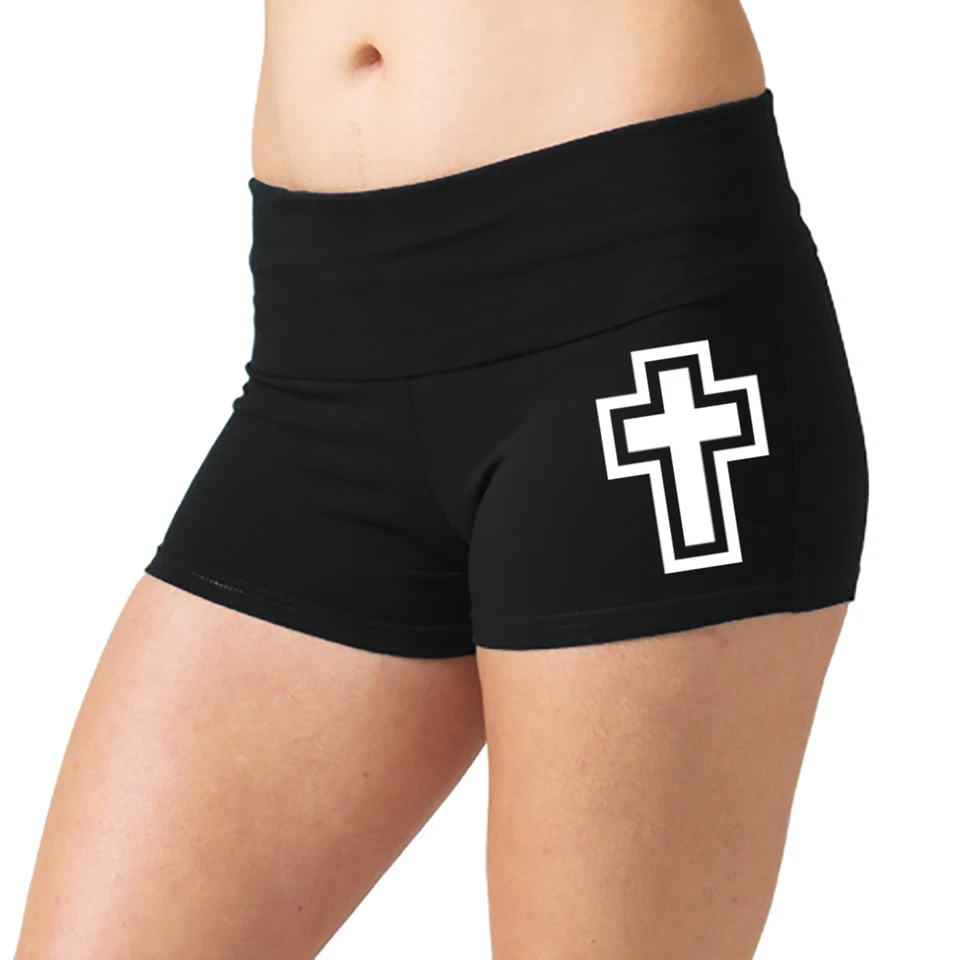 Junior's Cross Yoga Shorts Black Booty Dance Gym Workout Leggings Faith God V292 - Image 1 of 1