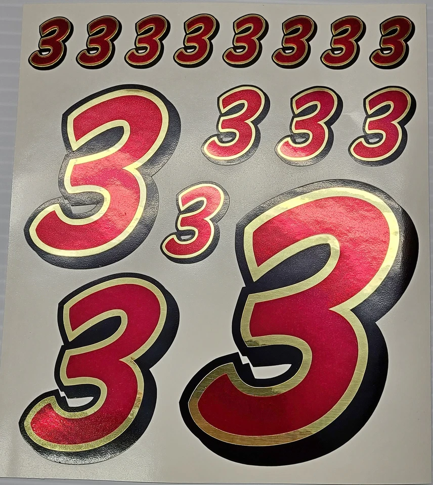 Paquete de calcomanías pegatinas número 3 Racing Numbers oro rojo 1/8 1/10 modelos RC S02 Foto 1 de 1