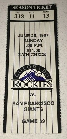 6/29/97 San Francisco Giants Colorado Rockies Used Ticket Stub Walker Bonds HR Cover