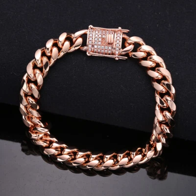 Brazalete de cadena de eslabones Miami de acero inoxidable de oro rosa para mujer y hombre 10/14 mm Foto 1 de 4