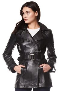 Trench Ladies Black Classic Mid-Length Designer Real Leather Jacket Coat 1123