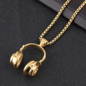 Gold Mens Headphone Necklace - Music Hip Hop DJ Rapper Pendant Jewelry Chain - Picture 1 of 5