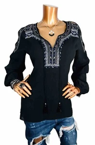 WHBM 12 or M Top NWT Black Embroidered Blouse V Neck Tie Strings LongSlv Cut Out - Picture 1 of 15
