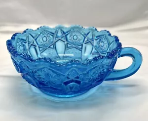 Vintage L.E. Smith Quintec Button Teal Blue Glass Handled Bowl Sawtooth - Picture 1 of 8