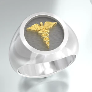 Two Tone 14k Gold and Silver Medical Symbol Caduceus Solid Ring - Picture 1 of 7