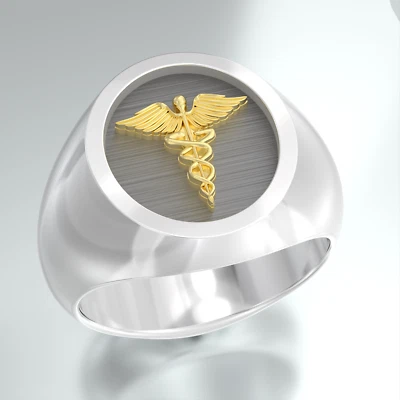 Two Tone 14k Gold and Silver Medical Symbol Caduceus Solid Ring - Image 1 of 4