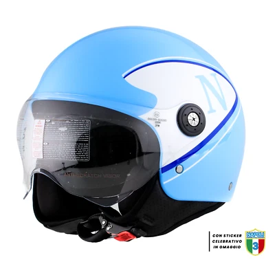 Casco Demi Jet Napoli Scudetto Azzurro Visiera Elicottero Omologato Moto Scooter - Image 1 of 4