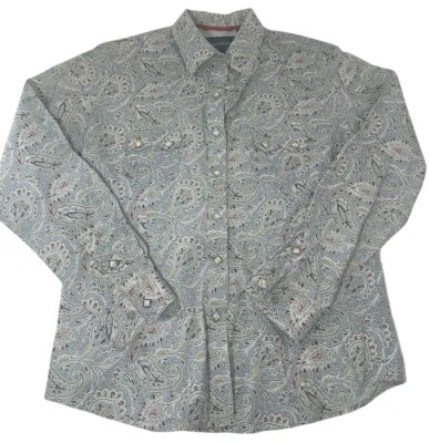 Camisa Rough Stock Para Mujer Talla Mediana Blanca Azul Paisley Perla Botones a Presión Foto 1 de 4