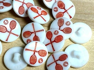 vintage tennis rackets ball milk glass buttons Red White 3/4" -19mm 3 pcs - Picture 1 of 6