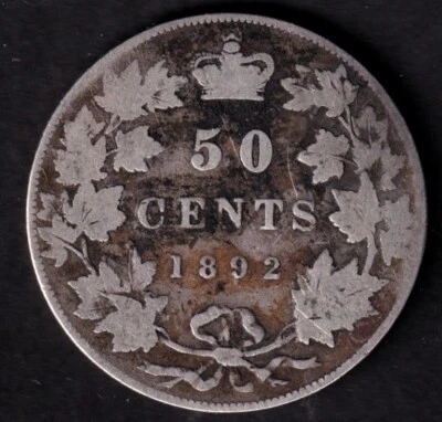 Canada 1892 50c Fifty Cent Silver Coin Queen Victoria VG Very Good .925 Silver - Image 1 of 2