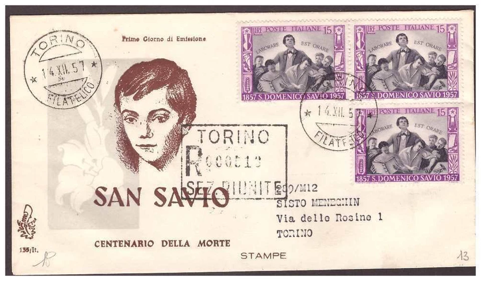 FDC Venetia Club 1957 - San Dominic Savio Viaggiata Racc - Image 1 of 1