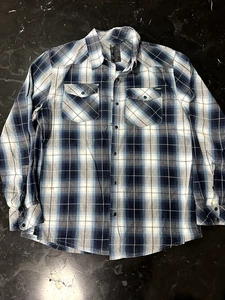 Mens Ocean Current Large Blue & White Plaid Snap Button Long Sleeve Shirt - Picture 1 of 4