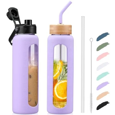  Water Bottle with Straw, 24 oz Glass water Bottle with 2 Lids 32 Ounces Purple - Image 1 of 4