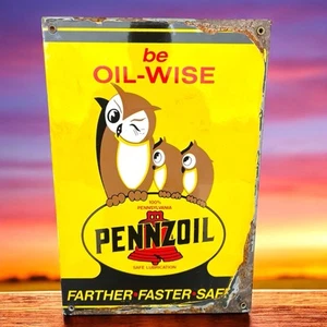 VINTAGE PENNZOIL GASOLINE PORCELAIN OWL OIL-WISE SERVICE STATION PUMP PLATE SIGN - Picture 1 of 7
