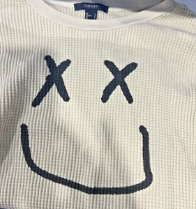 Forever 21 Cream long sleeve waffle knit raw hem cropped top smiley XX) Size L - Picture 1 of 4