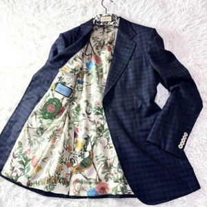 GUCCI DIY Single Breasted Tailored Jacket Wool Navy Plaid Men's 7-46R Italy - Picture 1 of 17