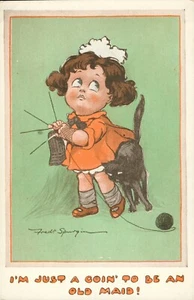 Postcard c1908 '.....Old Maid!' ARTIST signed FRED SPURGIN Antique Knitting CAT - Picture 1 of 2