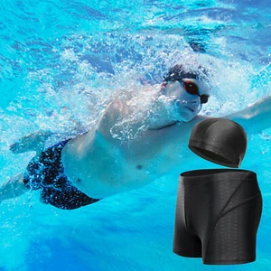 Men's Sharkskin Swimming Trunks + Cap Kit Swim Jammers Racing Training Swimwear - Picture 1 of 14